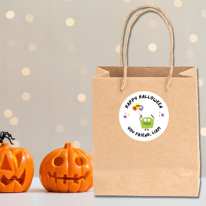 Green Monster Personalized Halloween Stickers, Custom Halloween Goody Bag Label, Printed Kids Happy Halloween School Event Gift Label