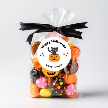 Cat and Pumpkin Personalized Halloween Stickers, Custom Halloween Goody Bag Label, Printed Kids Happy Halloween School Event Gift Label