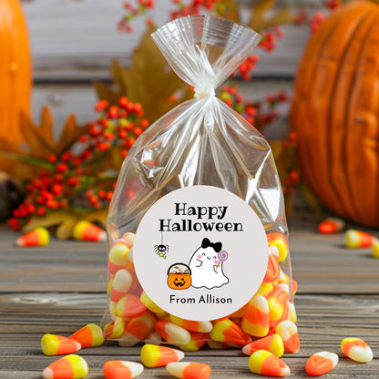 Happy Ghost Personalized Halloween Stickers, Custom Halloween Goody Bag Label, Printed Kids Happy Halloween School Event Gift Label