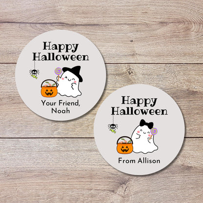 Happy Ghost Personalized Halloween Stickers, Custom Halloween Goody Bag Label, Printed Kids Happy Halloween School Event Gift Label