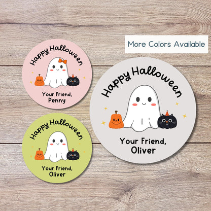 Ghost & Friends Personalized Happy Halloween Stickers, Custom Printed Kids Goody Bag School Event Label
