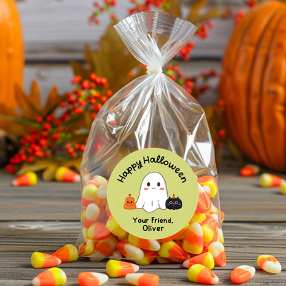 Ghost & Friends Personalized Happy Halloween Stickers, Custom Printed Kids Goody Bag School Event Label