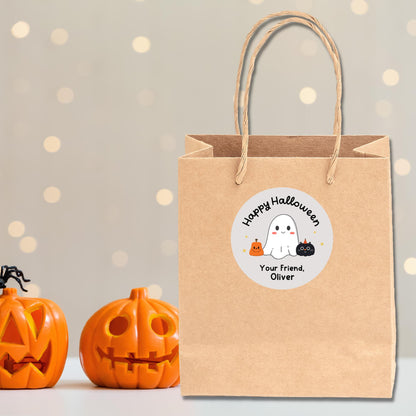 Ghost & Friends Personalized Happy Halloween Stickers, Custom Printed Kids Goody Bag School Event Label