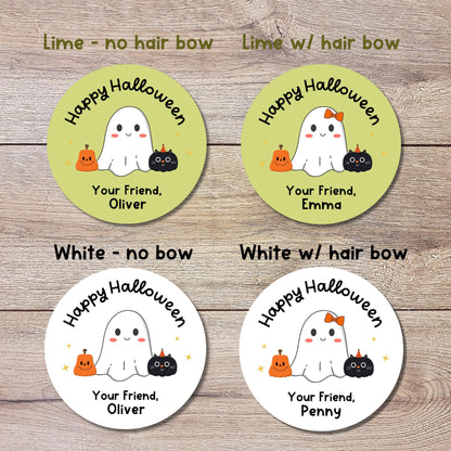 Ghost & Friends Personalized Happy Halloween Stickers, Custom Printed Kids Goody Bag School Event Label
