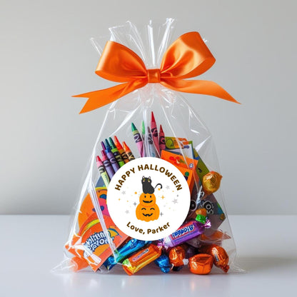 Cat & Pumpkin Personalized Halloween Stickers, Custom Printed Labels for Kids’ Classroom Party Goody Bags, Trick or Treat Event