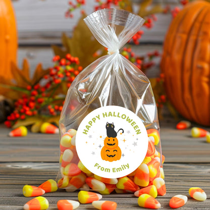 Cat & Pumpkin Personalized Halloween Stickers, Custom Printed Labels for Kids’ Classroom Party Goody Bags, Trick or Treat Event