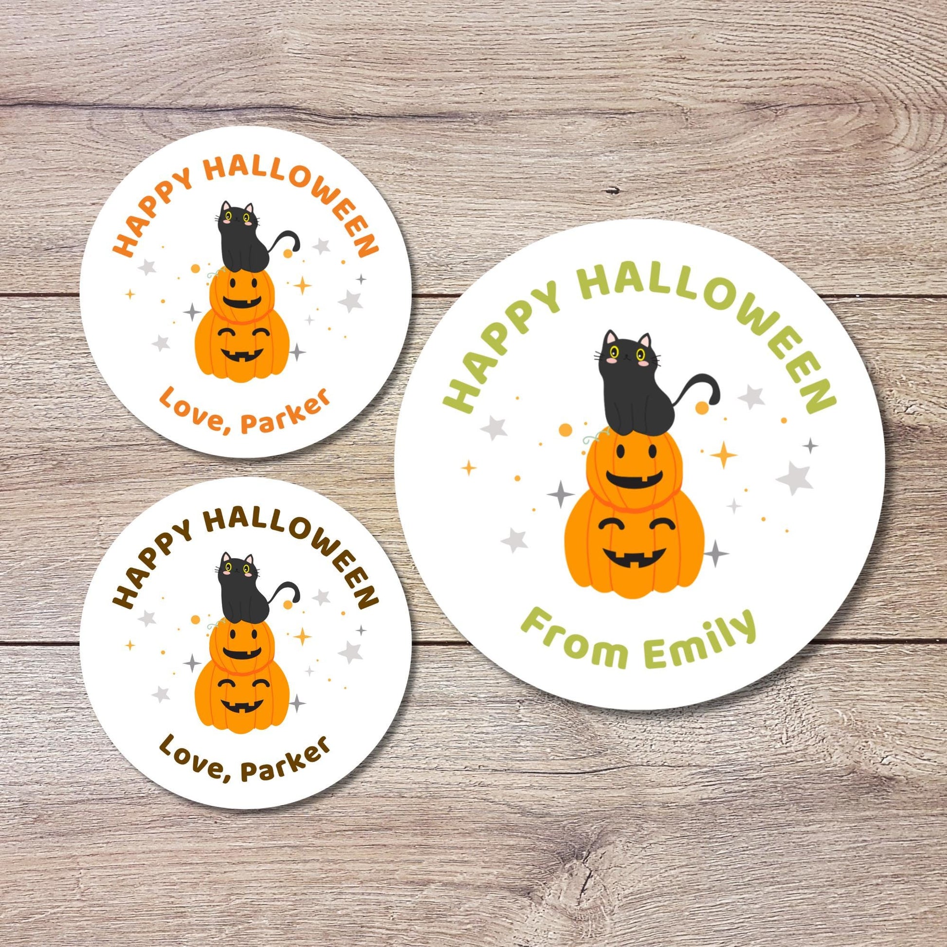Cat & Pumpkin Personalized Halloween Stickers, Custom Printed Labels for Kids’ Classroom Party Goody Bags, Trick or Treat Event