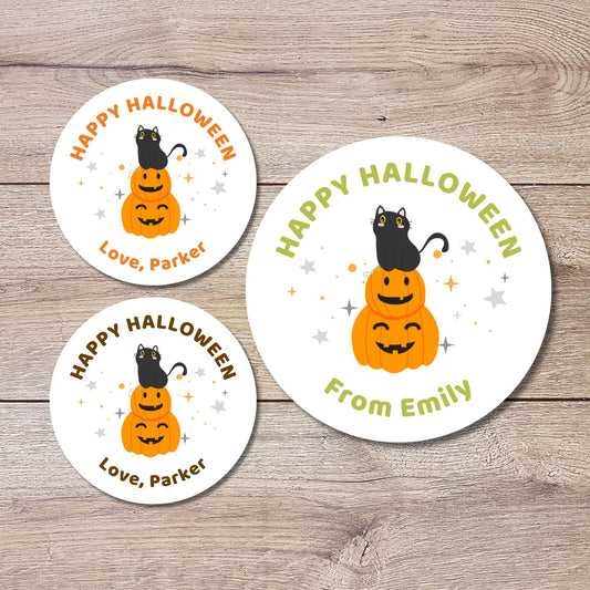 Cat & Pumpkin Personalized Halloween Stickers, Custom Printed Labels for Kids’ Classroom Party Goody Bags, Trick or Treat Event