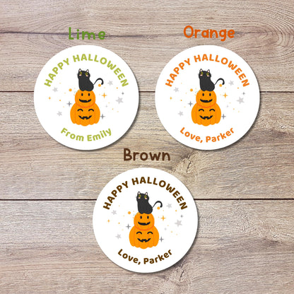 Cat & Pumpkin Personalized Halloween Stickers, Custom Printed Labels for Kids’ Classroom Party Goody Bags, Trick or Treat Event