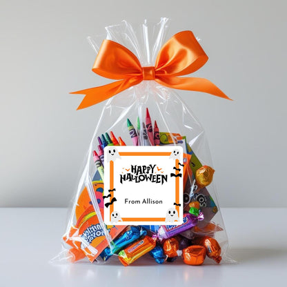 Personalized Happy Halloween Square Stickers, Custom Printed Labels for Kids’ Classroom Party Goody Bags, Trick or Treat Event