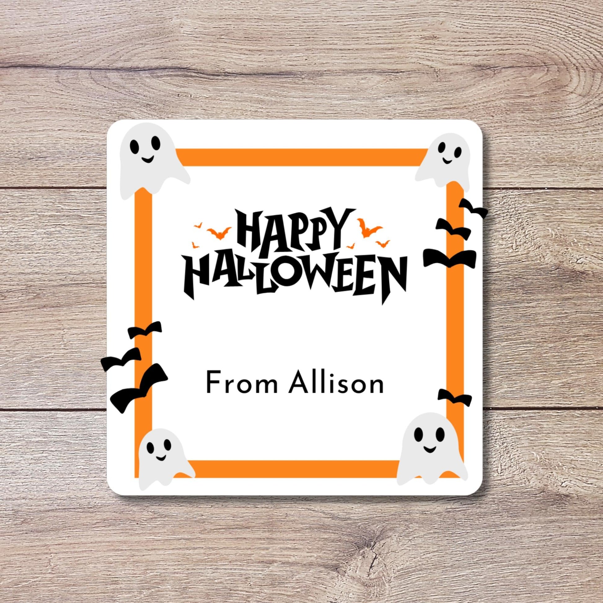 Personalized Happy Halloween Square Stickers, Custom Printed Labels for Kids’ Classroom Party Goody Bags, Trick or Treat Event