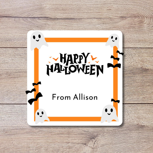 Personalized Happy Halloween Square Stickers, Custom Printed Labels for Kids’ Classroom Party Goody Bags, Trick or Treat Event