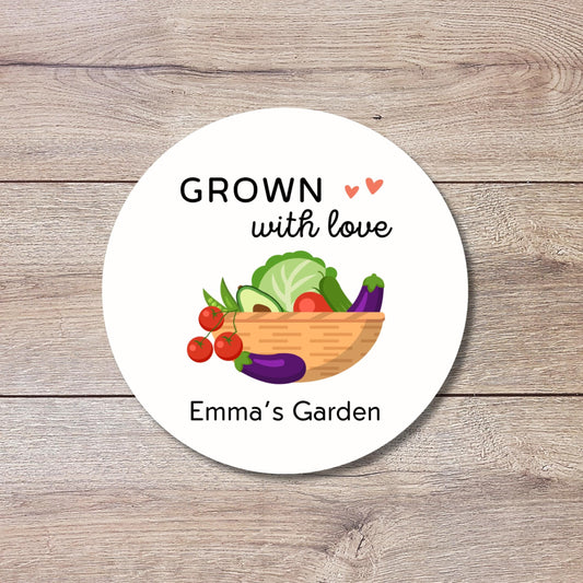 Grown with Love Homegrown Vegetable Personalized Stickers, Customized Labels for Gardening, Fresh Produce, Farmers Market, Canning Labels