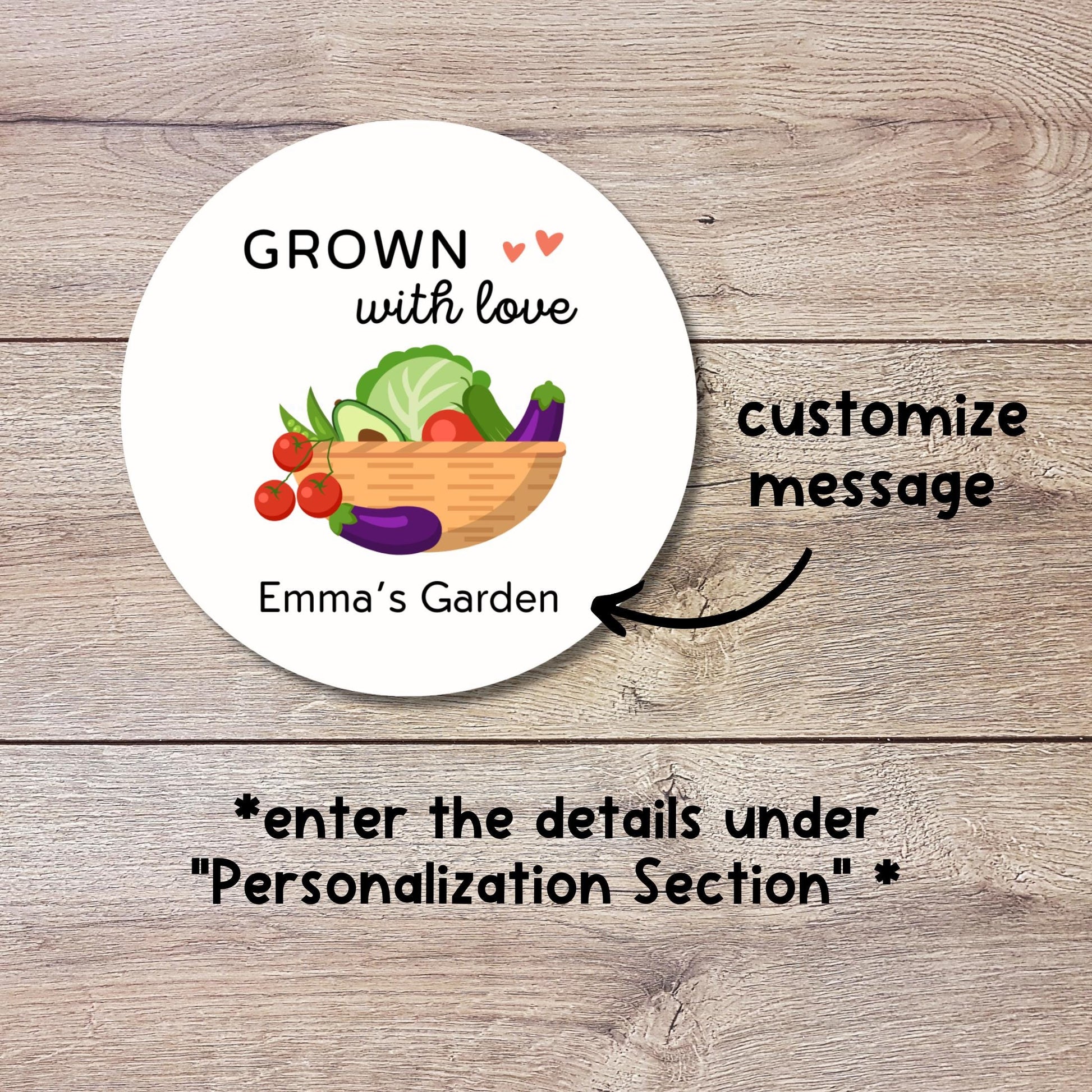Grown with Love Homegrown Vegetable Personalized Stickers, Customized Labels for Gardening, Fresh Produce, Farmers Market, Canning Labels