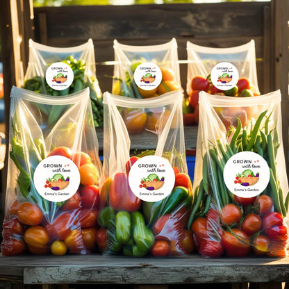 Grown with Love Homegrown Vegetable Personalized Stickers, Customized Labels for Gardening, Fresh Produce, Farmers Market, Canning Labels