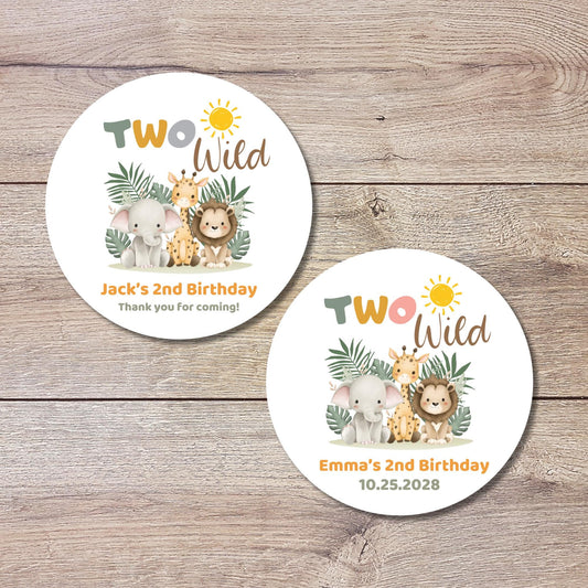 Personalized Two Wild Safari Animals Birthday Sticker, Custom Kids Birthday Thank You Party Favor Labels