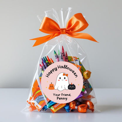 Ghost & Friends Personalized Happy Halloween Stickers, Custom Printed Kids Goody Bag School Event Label