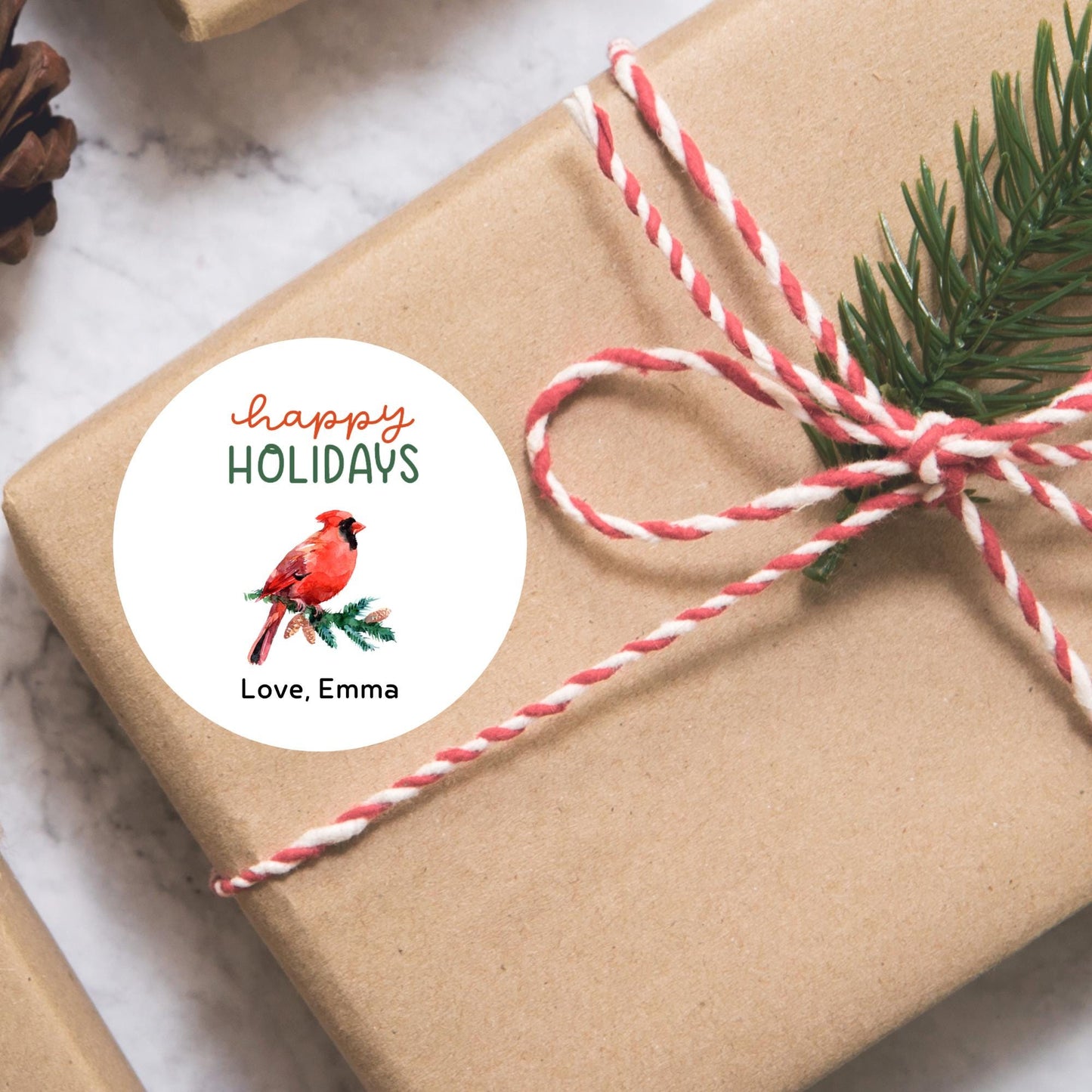 Happy Holidays Personalized Gift Wrapping Stickers, Cardinal Christmas Custom Name Party Favor Gift Packaging Labels