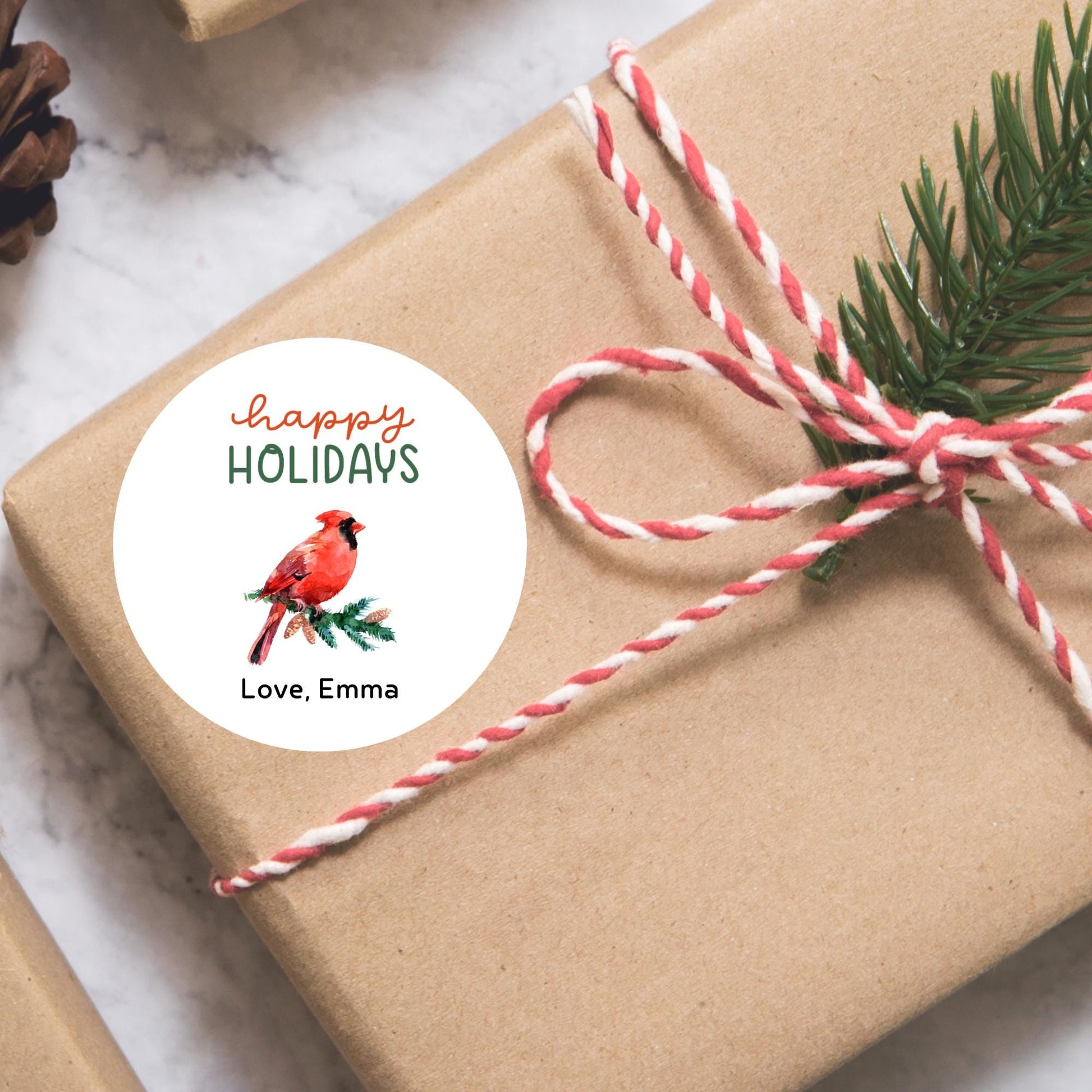 Happy Holidays Personalized Gift Wrapping Stickers, Cardinal Christmas Custom Name Party Favor Gift Packaging Labels