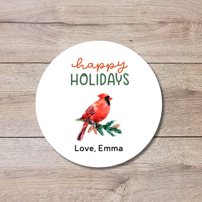 Happy Holidays Personalized Gift Wrapping Stickers, Cardinal Christmas Custom Name Party Favor Gift Packaging Labels