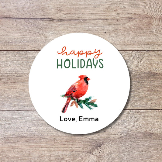 Happy Holidays Personalized Gift Wrapping Stickers, Cardinal Christmas Custom Name Party Favor Gift Packaging Labels