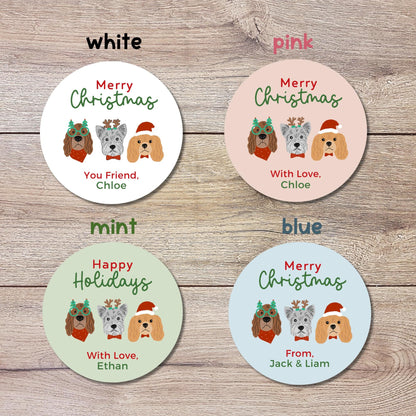 Triple Holiday Dogs, Merry Christmas Stickers, Personalized Happy Holidays Label, Custom Name Labels for Gift Wrapping Party Favors