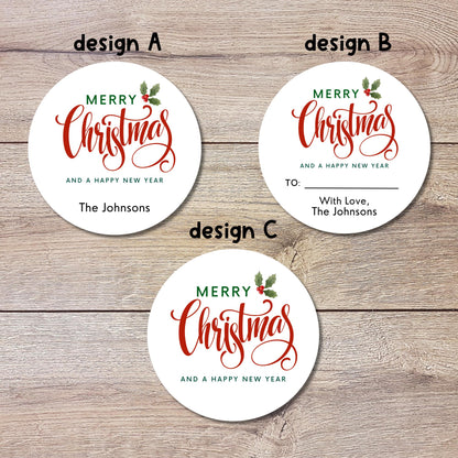Classic Merry Christmas Personalized Stickers, Custom Holiday Name Labels for Gift Wrapping Party Favors, Invitation Envelope Seals