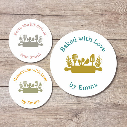 Baked with Love Personalized Stickers, Modern Custom Baking Labels with Name, Homemade with Love Small Business Bakery Packaging Supplies