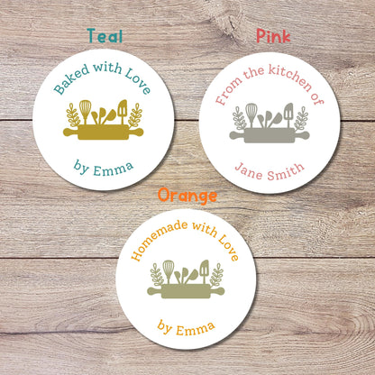 Baked with Love Personalized Stickers, Modern Custom Baking Labels with Name, Homemade with Love Small Business Bakery Packaging Supplies