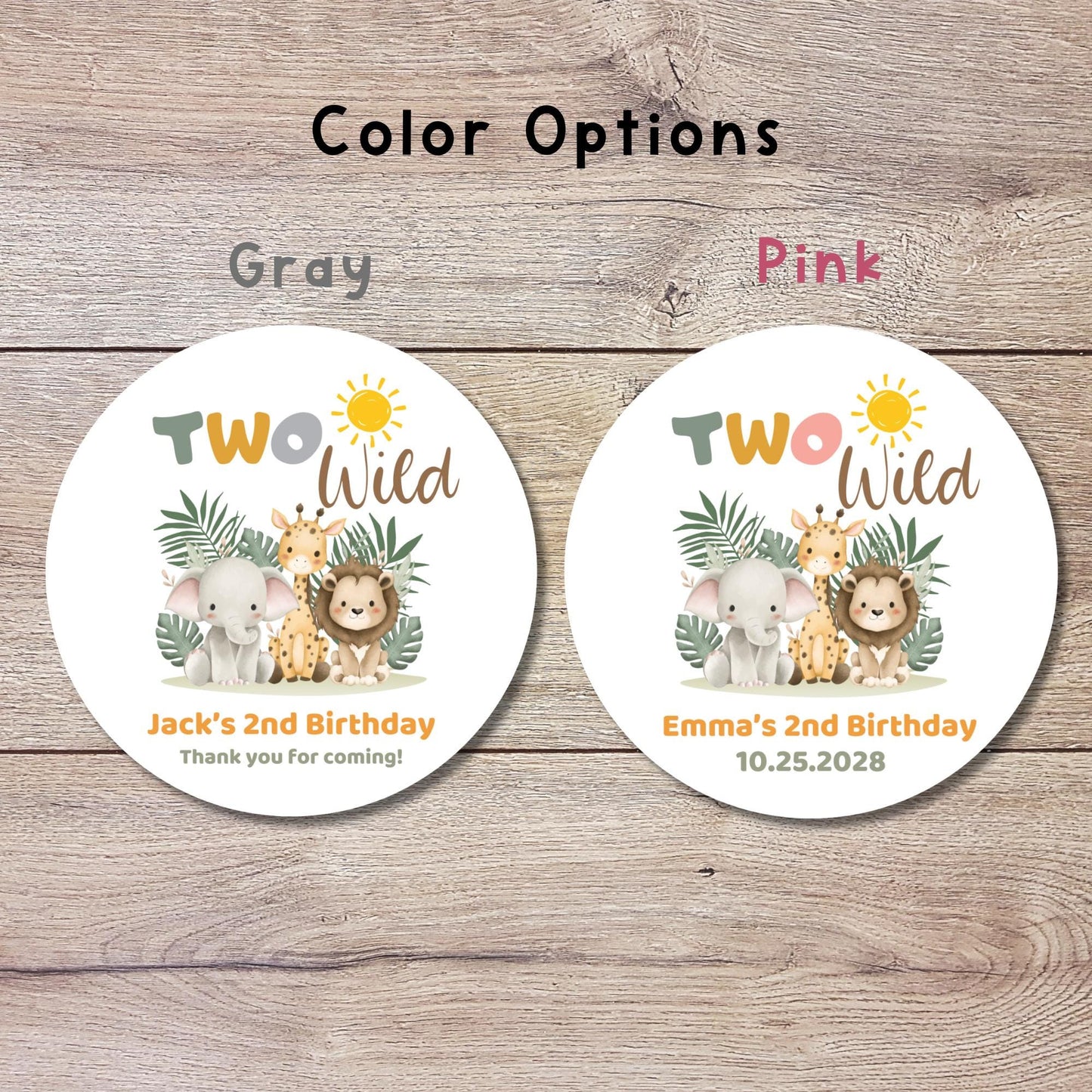 Personalized Two Wild Safari Animals Birthday Sticker, Custom Kids Birthday Thank You Party Favor Labels