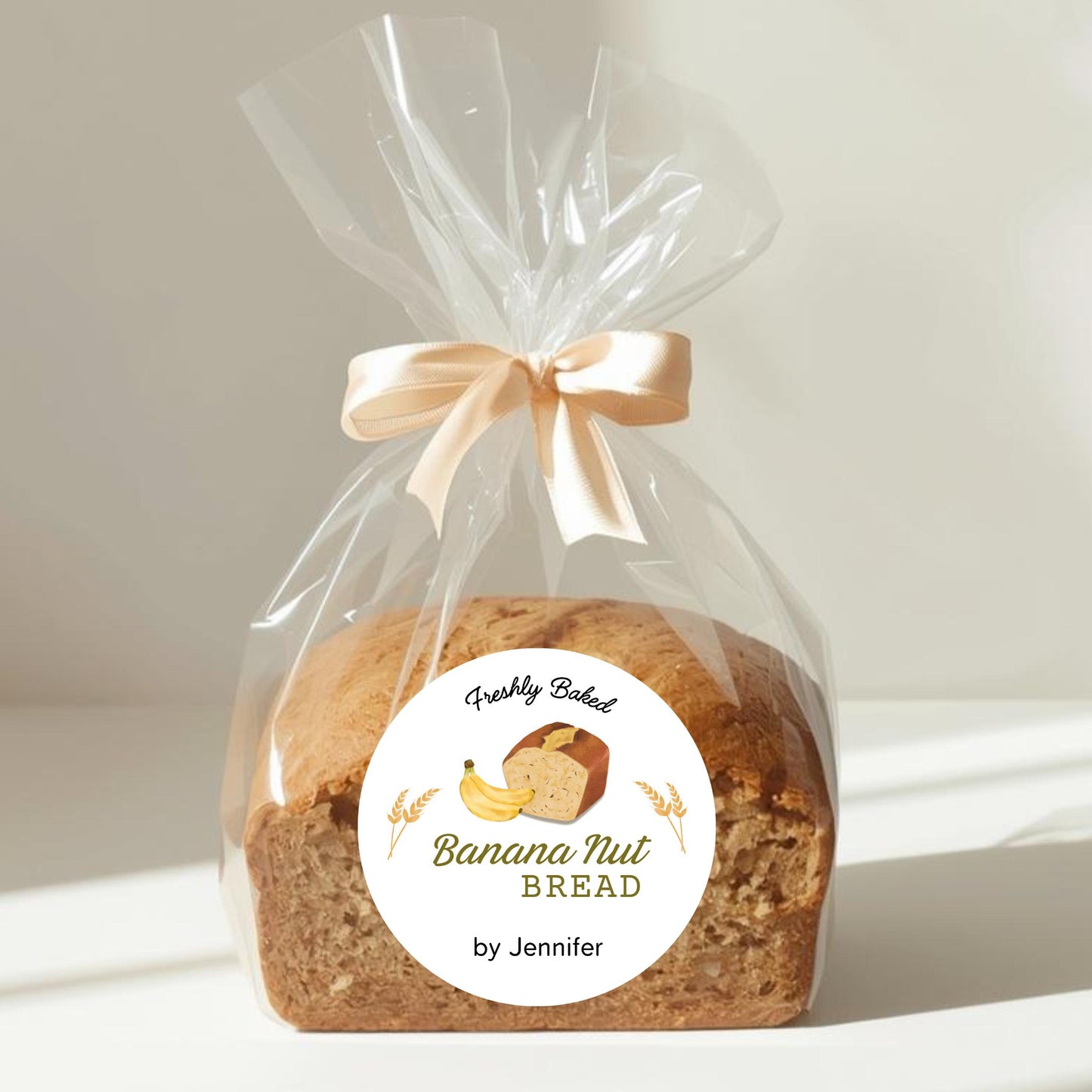 Banana Nut Bread Baking Personalized Stickers, Custom Freshly Baked Bread Labels with Name, Small Business Bakery Packaging Supplies