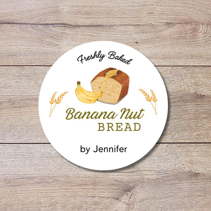 Banana Nut Bread Baking Personalized Stickers, Custom Freshly Baked Bread Labels with Name, Small Business Bakery Packaging Supplies