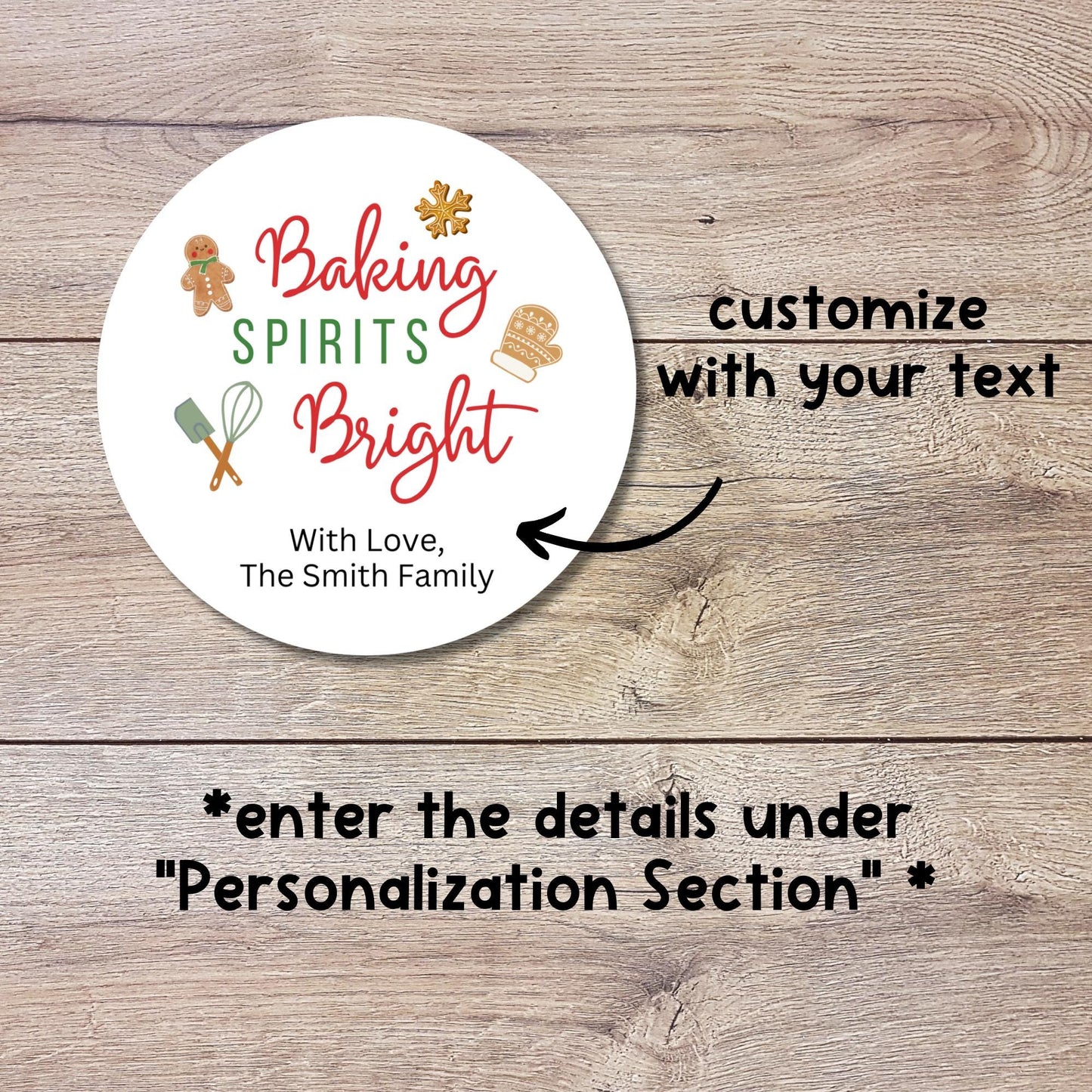 Baking Spirits Bright Stickers, Personalized Christmas Baked with Love Labels, Custom Happy Holiday Baking