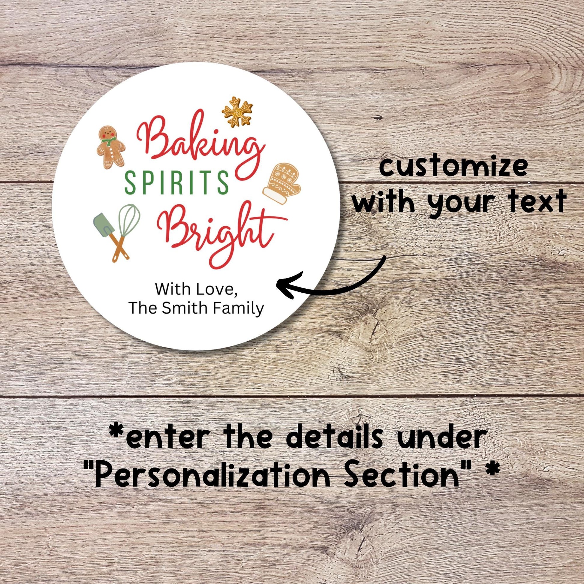 Baking Spirits Bright Stickers, Personalized Christmas Baked with Love Labels, Custom Happy Holiday Baking