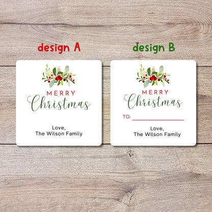 Floral Merry Christmas Gift Stickers, Personalized Christmas Present Gift Custom Name Labels