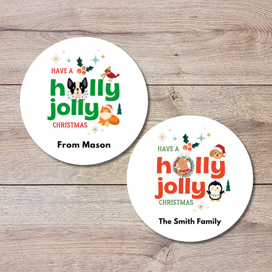 Holly Jolly Christmas Stickers, Personalized Holiday Gift Wrapping Custom Name Presents Label