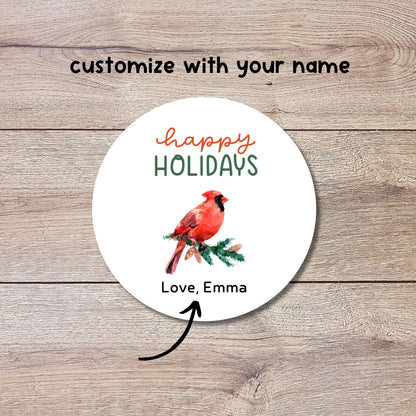 Happy Holidays Personalized Gift Wrapping Stickers, Cardinal Christmas Custom Name Party Favor Gift Packaging Labels