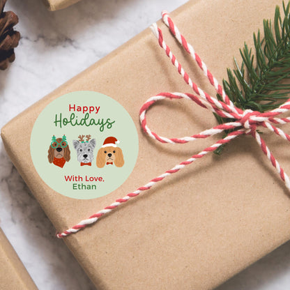 Triple Holiday Dogs, Merry Christmas Stickers, Personalized Happy Holidays Label, Custom Name Labels for Gift Wrapping Party Favors