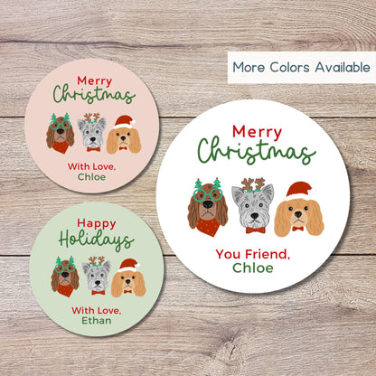 Triple Holiday Dogs, Merry Christmas Stickers, Personalized Happy Holidays Label, Custom Name Labels for Gift Wrapping Party Favors