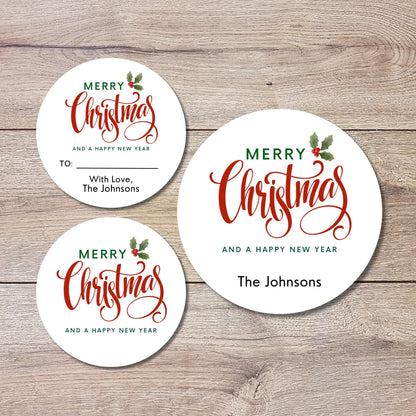 Classic Merry Christmas Personalized Stickers, Custom Holiday Name Labels for Gift Wrapping Party Favors, Invitation Envelope Seals