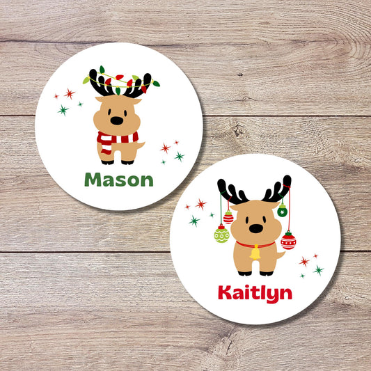 Reindeer Christmas Custom Name Gift Stickers, Personalized Kids Initials Christmas Present Gift Wrapping Labels