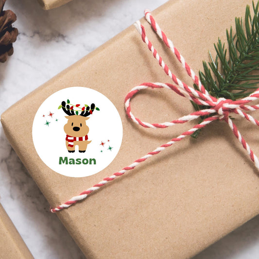 Reindeer Christmas Custom Name Gift Stickers, Personalized Kids Initials Christmas Present Gift Wrapping Labels