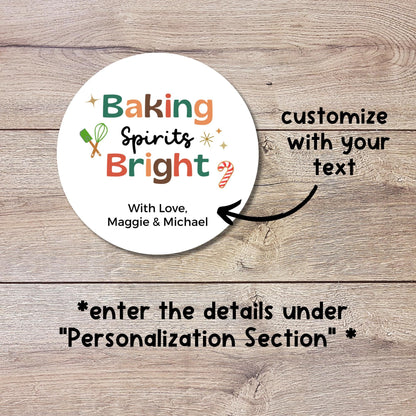 Baking Spirits Bright Stickers, Personalized Christmas Baked with Love Labels, Custom Holiday Homemade Bakery
