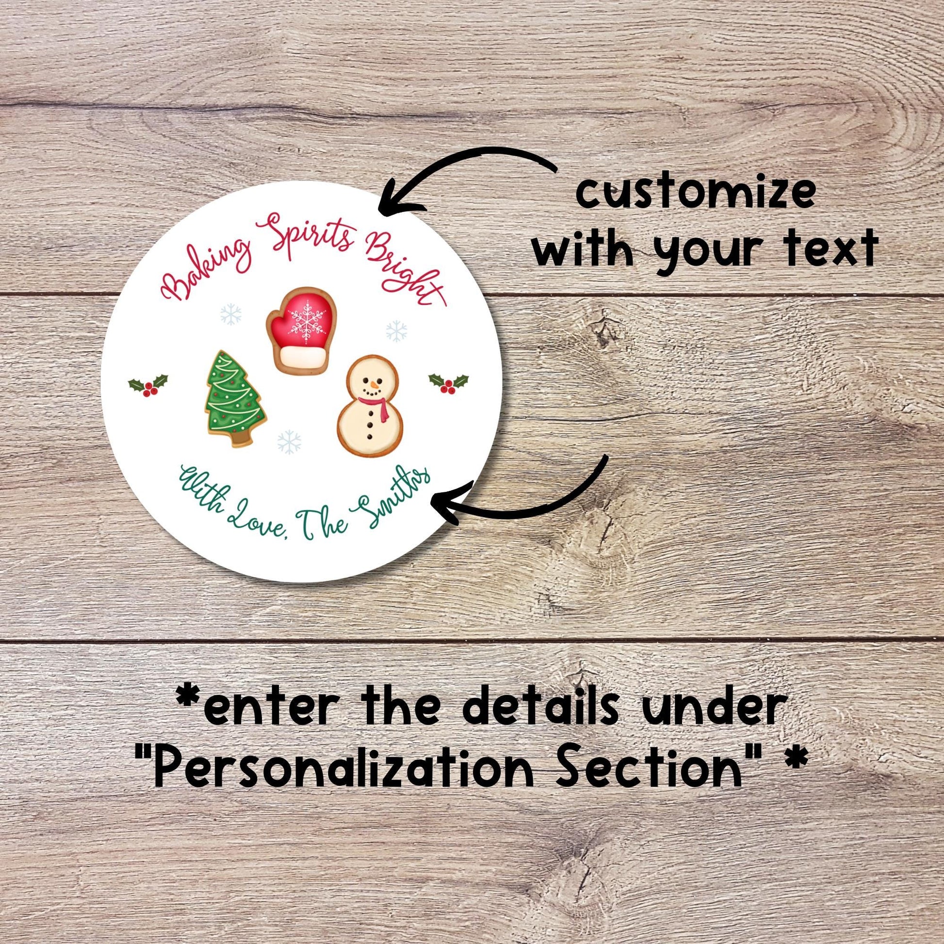 Baking Spirits Bright Stickers, Personalized Christmas Baked with Love Labels, Custom Made with Love Gift Tags, Happy Holiday Home Baking