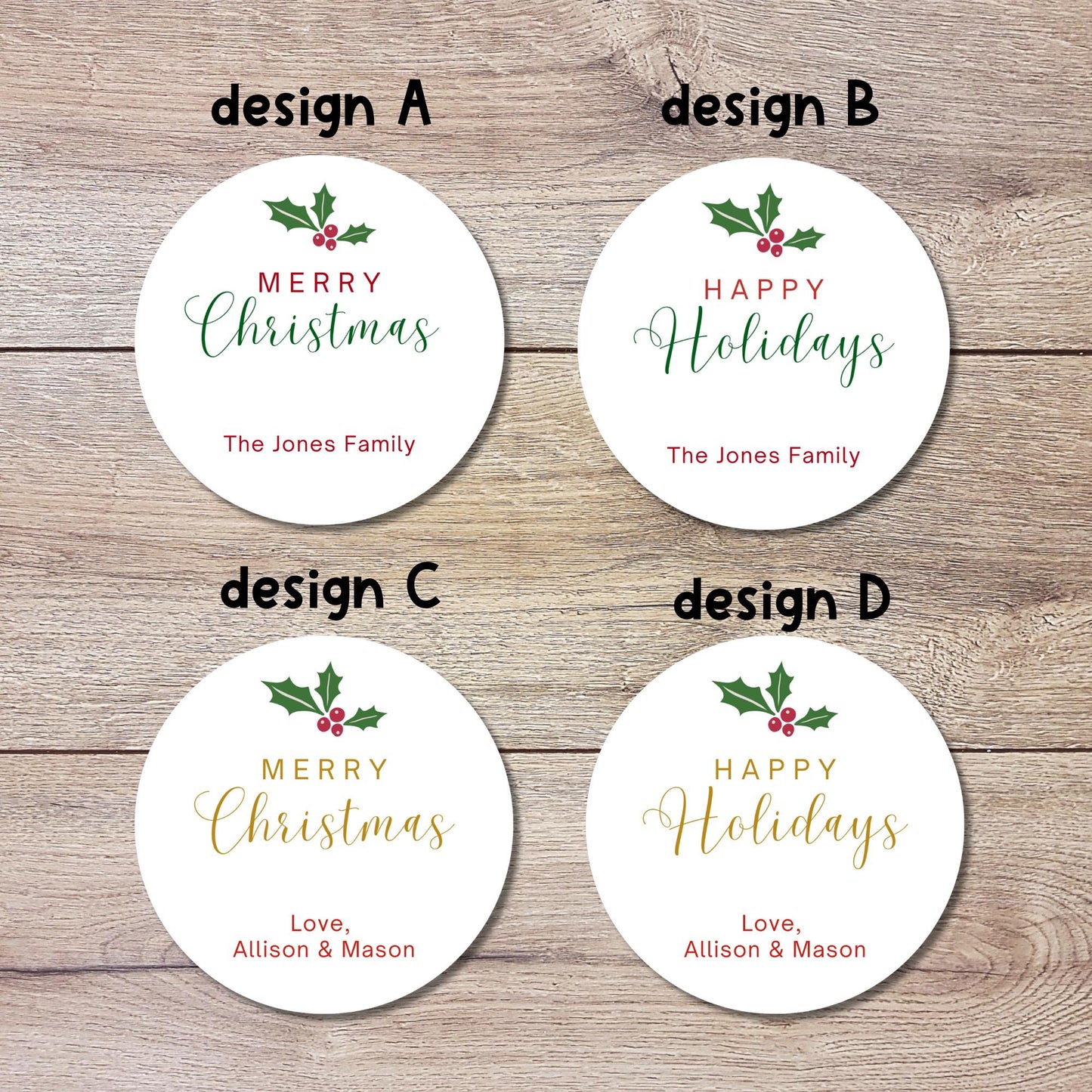 Merry Christmas Holly Personalized Stickers, Custom Holiday Name Labels for Gift Wrapping Party Favors
