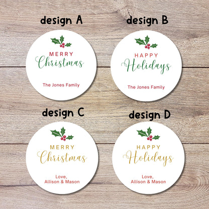 Merry Christmas Holly Personalized Stickers, Custom Holiday Name Labels for Gift Wrapping Party Favors