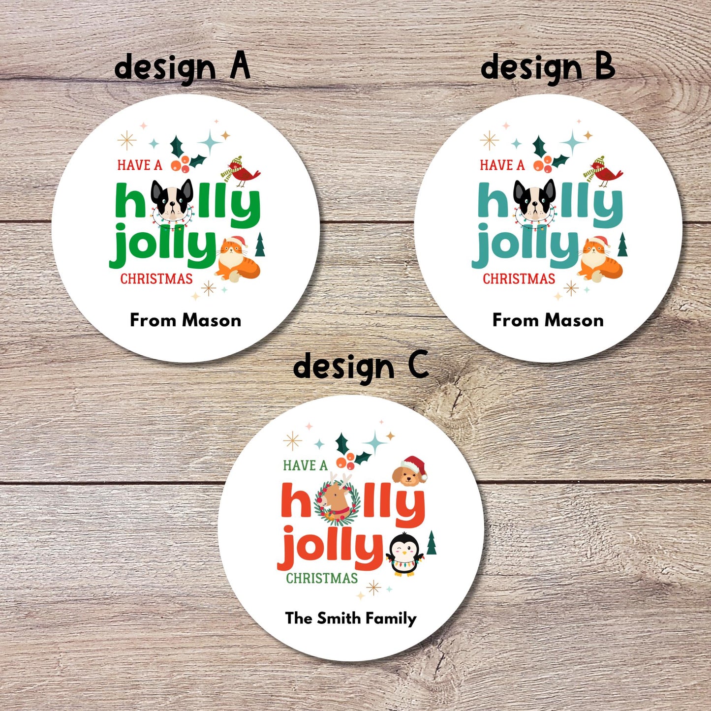 Holly Jolly Christmas Stickers, Personalized Holiday Gift Wrapping Custom Name Presents Label