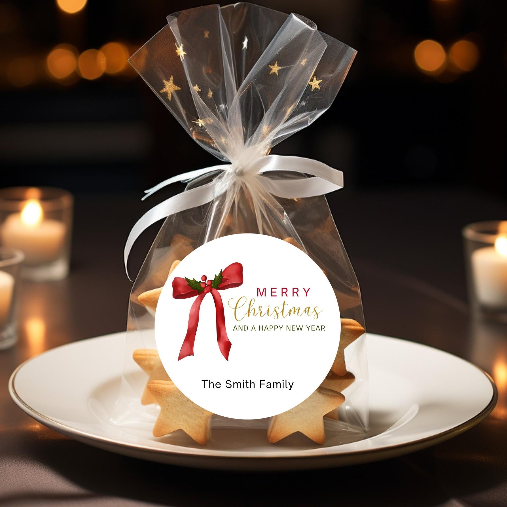 Christmas Bow Personalized Stickers, Custom Happy Holidays Name Labels for Gift Wrapping Party Favors
