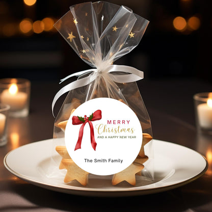 Christmas Bow Personalized Stickers, Custom Happy Holidays Name Labels for Gift Wrapping Party Favors