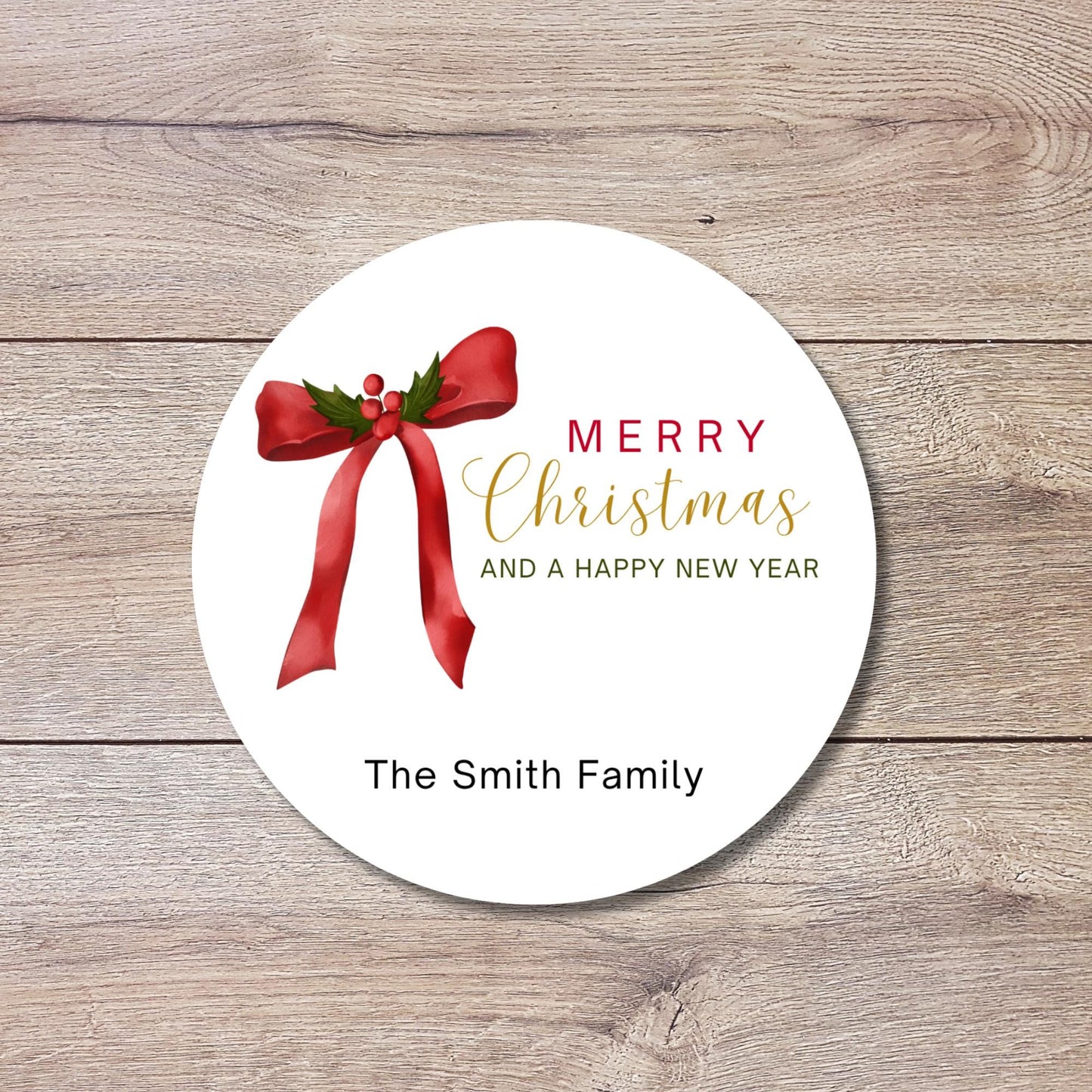 Christmas Bow Personalized Stickers, Custom Happy Holidays Name Labels for Gift Wrapping Party Favors